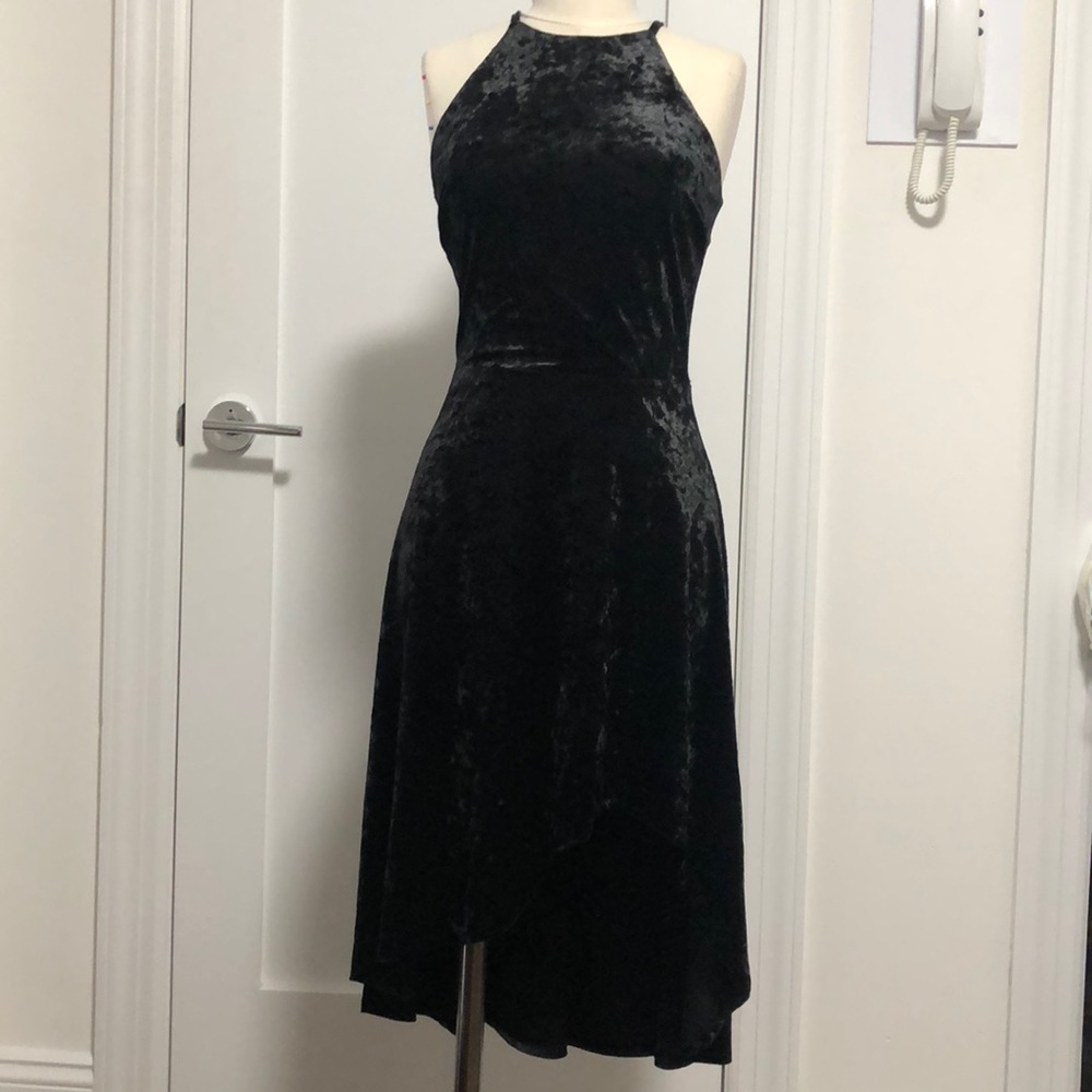 Stretch Panne Velvet Asymmetrical Hem Dress